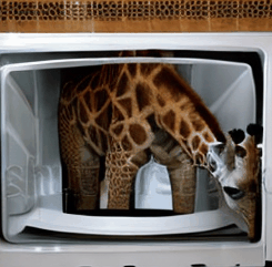 A giraffe underneath a microwave.