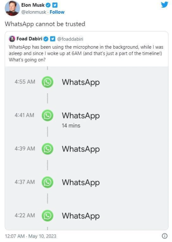 马斯克再次吐槽Meta扎克伯格 称WhatsApp不可信