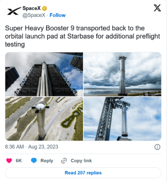 SpaceX 将“星际飞船”火箭运往发射台 进行下一批的飞行前测试