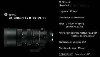 适马70-200mm F2.8镜头参数曝光：将在12月发布可选L卡口和E卡口