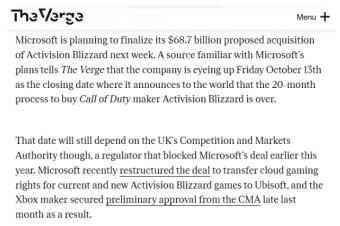 消息称微软计划10月13日以687亿美元完成对暴雪长达20个月的收购