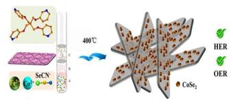 研究人员使用二维双金属MOFs来制造含硒的电催化剂，用于整体水分解